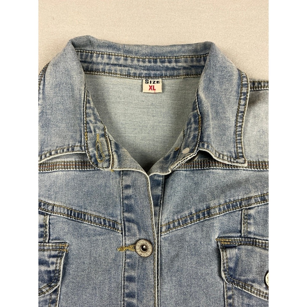Short Sleeve Denim Jacket Shacket Light Wash Button Up Jean Top Blue Size XL - Picture 2 of 11